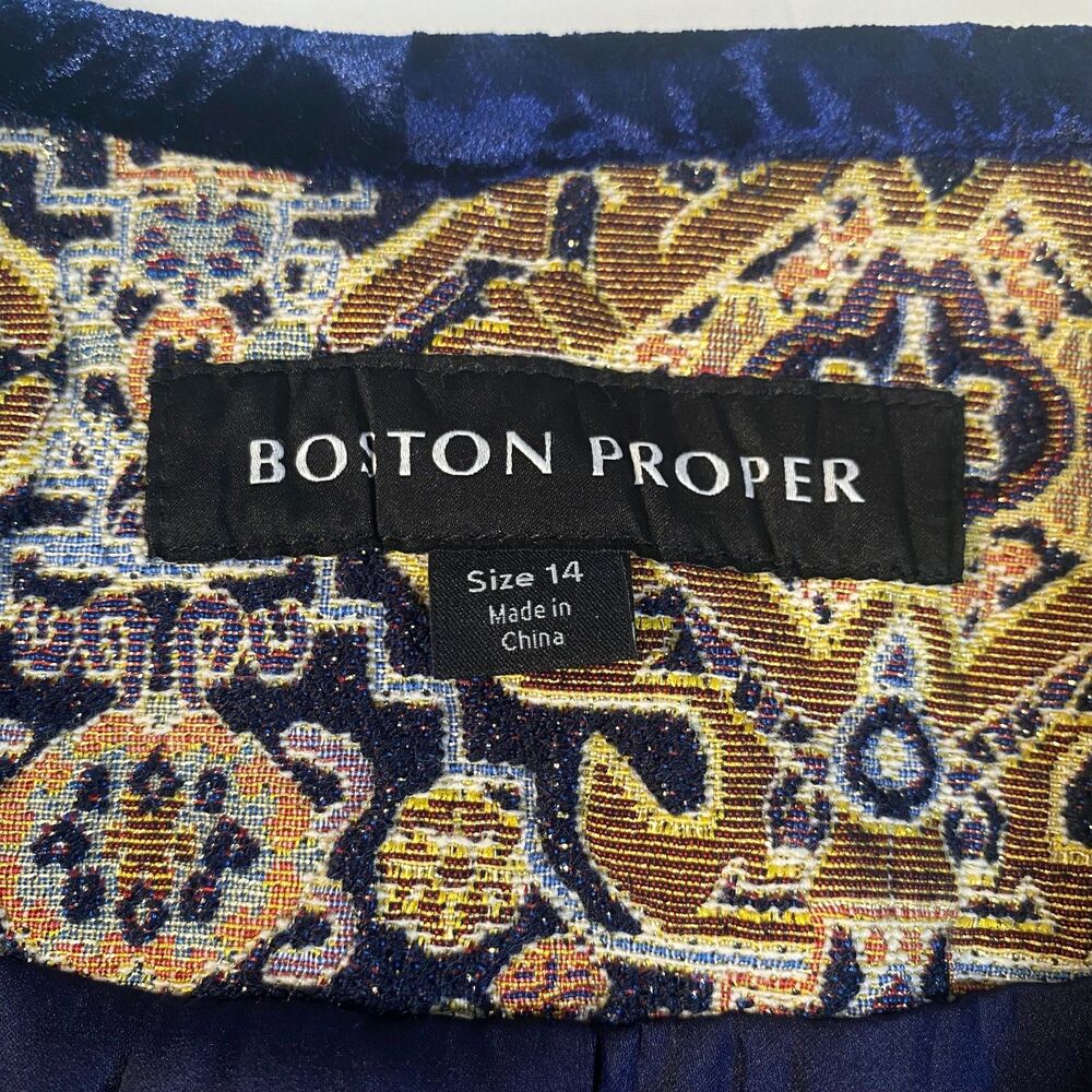 Boston Proper Fringe Tapestry Novelty Jacket Velvet Trim Size 14 Multicolor NWOT - Picture 6 of 16